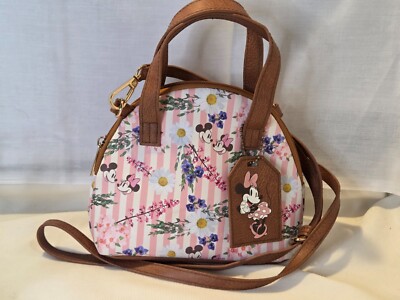 Small Mickey & Minnie Mouse Daisy Floral Brown w/Pink Stripes Crossbody Purse