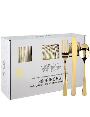 WDF 300 Piece Gold Plastic Silverware Cutlery Set 100 e.a. Forks, Spoons, Knives