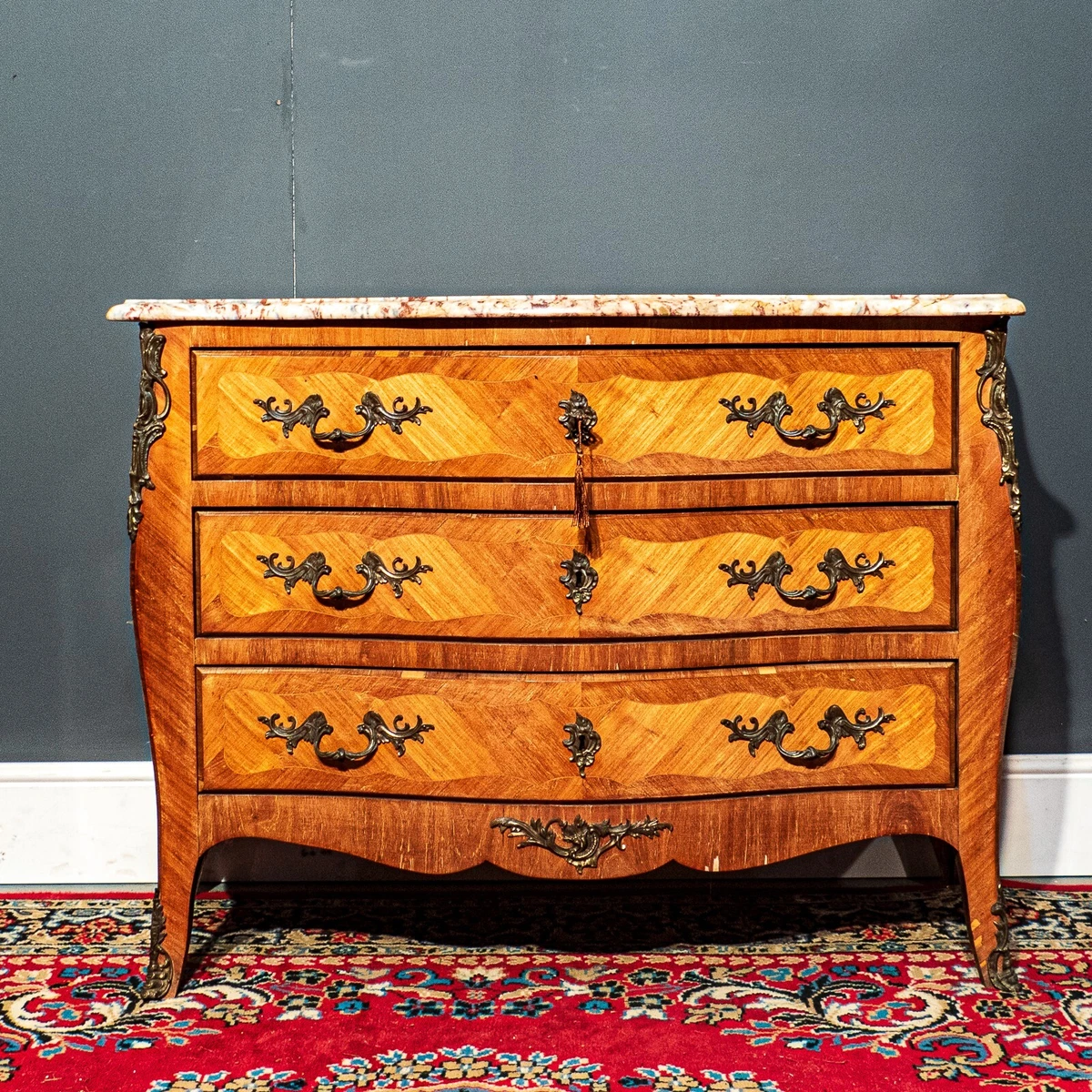 Italian Style Walnut Marble Top 3 Drawer Serpentine Commode B06 9