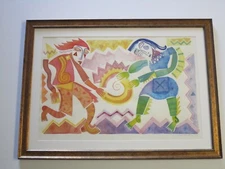 VINTAGE CONTEMPORARY PAINTING ORIGINAL WATERCOLOR ABSTRACT CUBIST CUBISM FIGURES