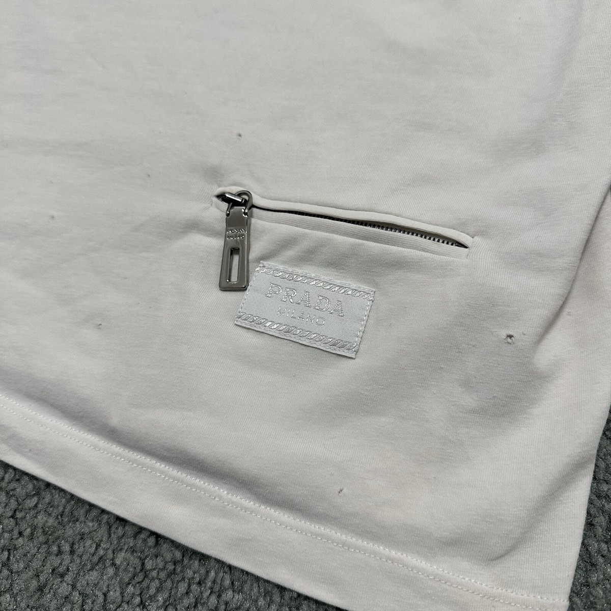 Prada Milano Logo T-Shirt Front Zip Pocket White Cotton