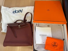 HERMES Herbag MM Canvas Leather Brown Authentic Verified by eBay Authentication