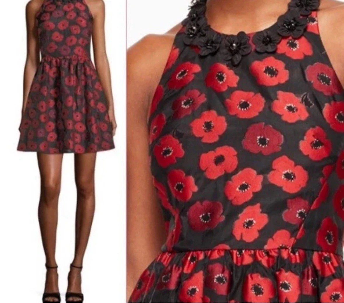 Mini abito Kate Spade impreziosito rosso nero papavero taglia 00 nuovo $478