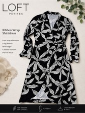LOFT Petites Ribbon Wrap Shirtdress 0P Black Ivory Leaf Print Midi Dress