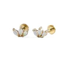 Solid 14K Yellow Gold Natural Trio Marquise Australian Opal Lotus Flower Studs