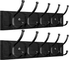 2 Pack Wooden Black Coat Rack Wall Mount, 16.1" Rustic Coat Hanger Hooks