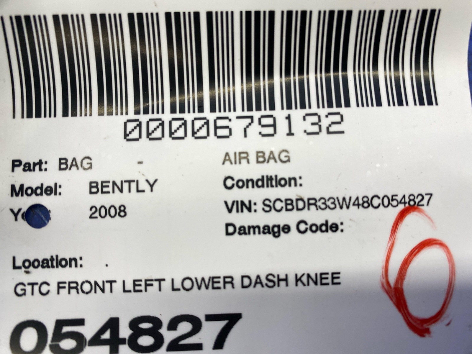 2006-2018 BENTLEY CONTINENTAL GTC FRONT LEFT LOWER DASH KNEE AIRBAG SRS ASSEMBLY