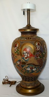 Japanese Satsuma Style Gilt Immortals Moriage 3 Blub Large Vase Lamp, 25 1/2''