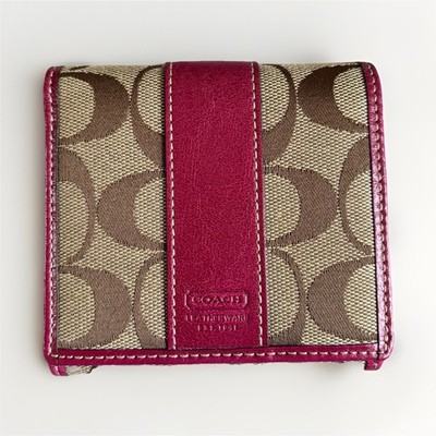 Coach Signature Logo Tri-Fold Wallet Snap Closure Credit Card Pink Brown