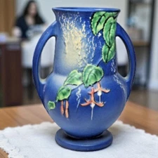 Roseville Fuchsia Blue Vase 898-8 Two Handled Vase 1938 Vintage