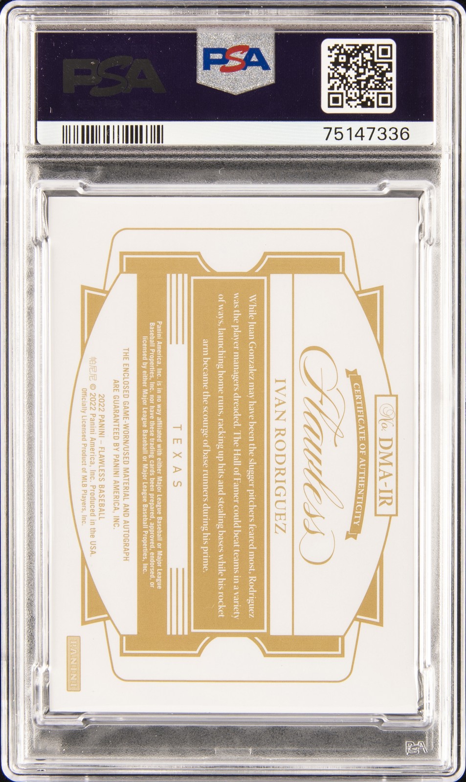 2022 PANINI FLAWLESS DUAL MEMORABILIA AUTO IVAN RODRIGUEZ 1/2 PSA 7 DNA AUTO 10 view 2