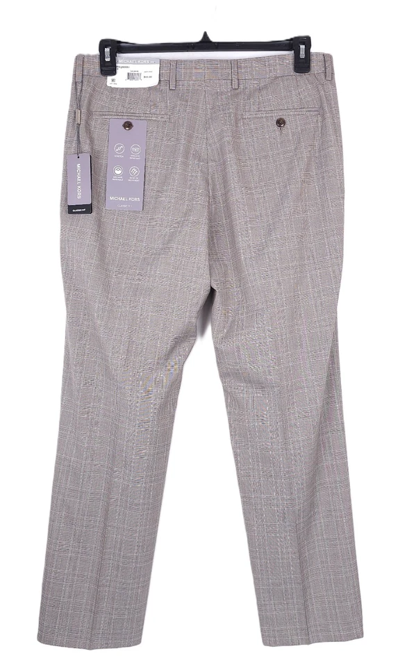 Pantalones de vestir Michael Kors elásticos de ajuste clásico marrón tostado a cuadros 40x32 para hombre nuevos con etiquetas Foto 3 de 4