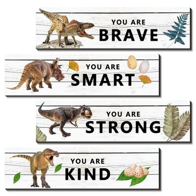 4 Pc Wood Dinosaur Wall Art Decor 11.8''x3.1'' Motivational Quotes Kids Room Rusti