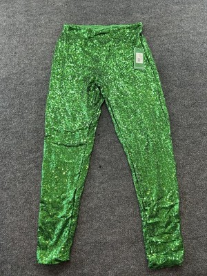 Tipsy Elves Leggings Womens Large Green Sequin High Waisted Party Ankle Pants