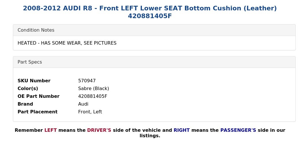 Audi R8 2008-2012 FRONT+LEFT+LOWER Seat cushion P/N 420881405F