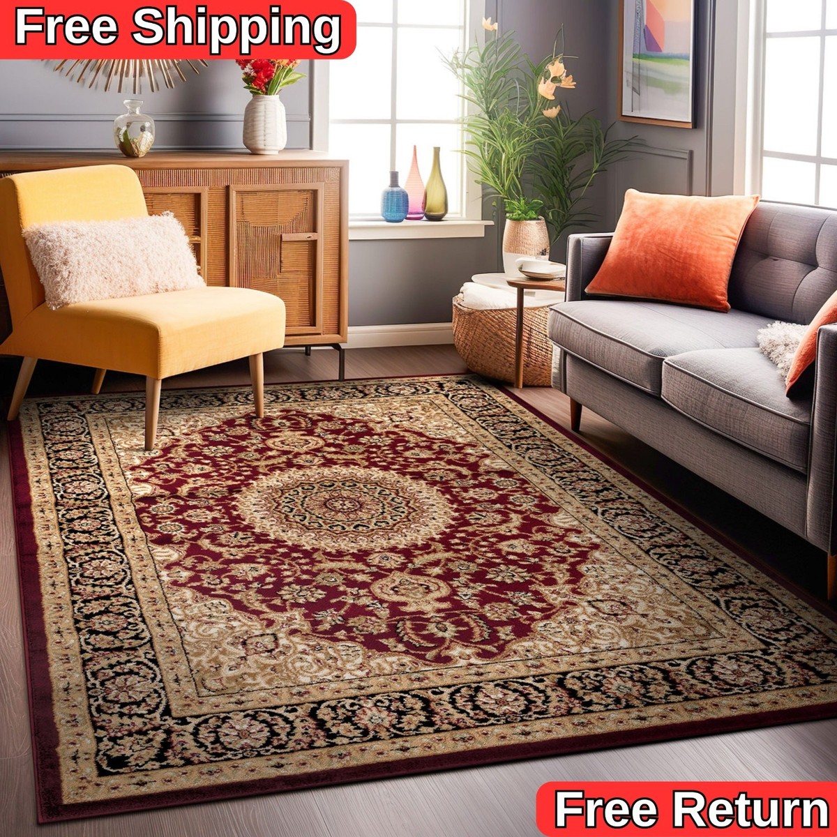 Traditional Oriental Medallion Area Rug Turkish Style Carpet