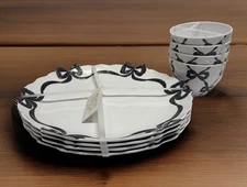 8pc Black &White Coquette Ribbon Bows Melamine Dinner Plate 10.5" & Bowl Set NEW