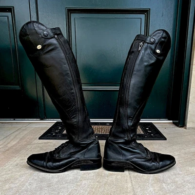 Schwarze Leder Reitstiefel kniehoch (Paar) mit Reißverschluss am Schaft - Bild 1 von 3