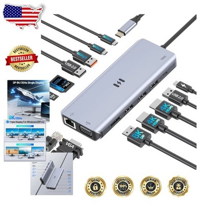 USB C Docking Station 13-in-1 Quad Display 8K DP HDMI VGA 10Gbps PD 100W