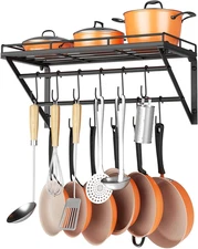 23 Inch Wall Mounted Pot Rack Storage Shelf With Hooks Black Kitchen Organizer