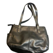 Leather Shoulder Handbag Black Small Double Handles Side Pockets Classic Casual