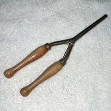 Vintage Metal Hair Curler Wooden Handles Brown Silver
