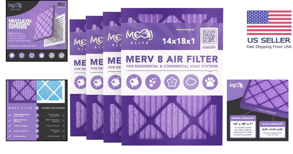 4-Pack 14x18x1 Pleated MERV 8 Air Filters | Superior Dust & Pollen Defense - Изображение 2 из 4