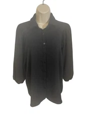 PLEIONE Women's XS Crinkle Balloon 3/4 Sleeve Collared Button-up Relax Blouse