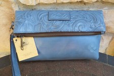 Patricia Nash NWT VALERIE Foldover Wristlet/Clutch Leather-Tooled Safflower Blue