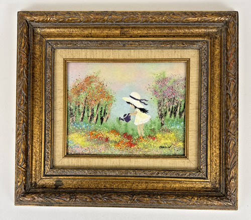 Louis Cardin Girl Watering Flowers Enamel on Copper Framed Painting Art