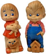 Vintage Rubber Squeaky Toys Boy W/Birdhouse Girl W/Doll JL Prescott Co 1968 8.5”
