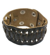 Brown Leather Snap Button Bracelet with a Braided Design