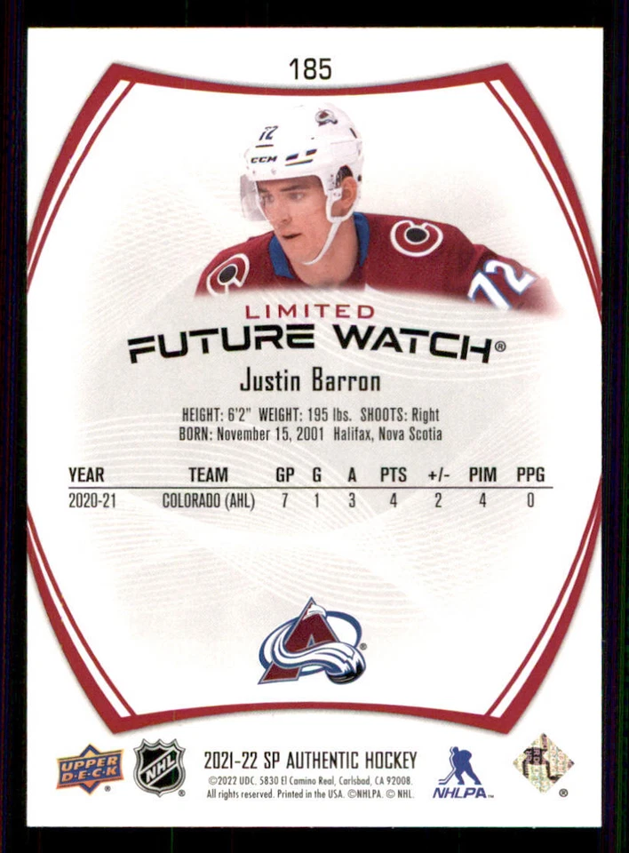 2021-22 SP Authentic Limited Red #185 Justin Barron FW - Image 2 of 2