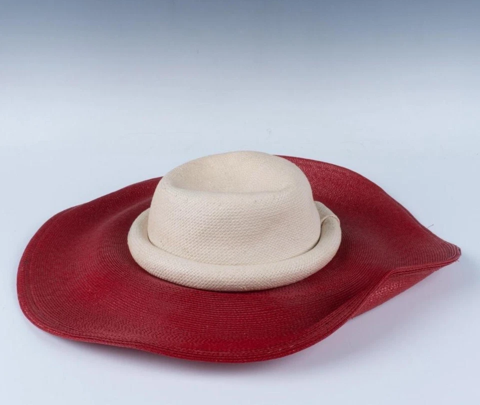 VTG 20th Century Frank Olive Straw Hat - Wide Red Brim with Cream Crown - Image 2 of 4