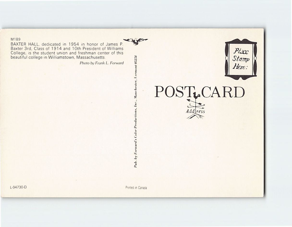 Postcard Baxter Hall, Williams College, Williamstown, Massachusetts eBay