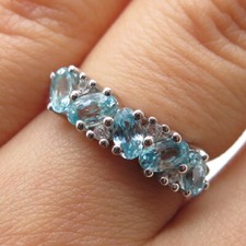 925 Sterling Silver Real Oval-Cut Blue  Round-Cut White Topaz Ring Size 6.25