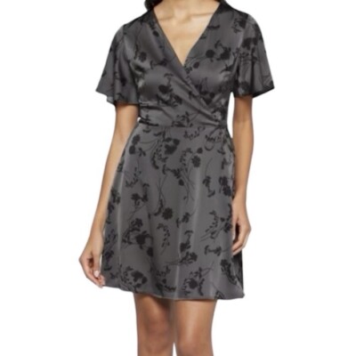 New 41 Hawthorn Floral Satin Flutter Sleeve Faux Wrap Dress Grey Size Small