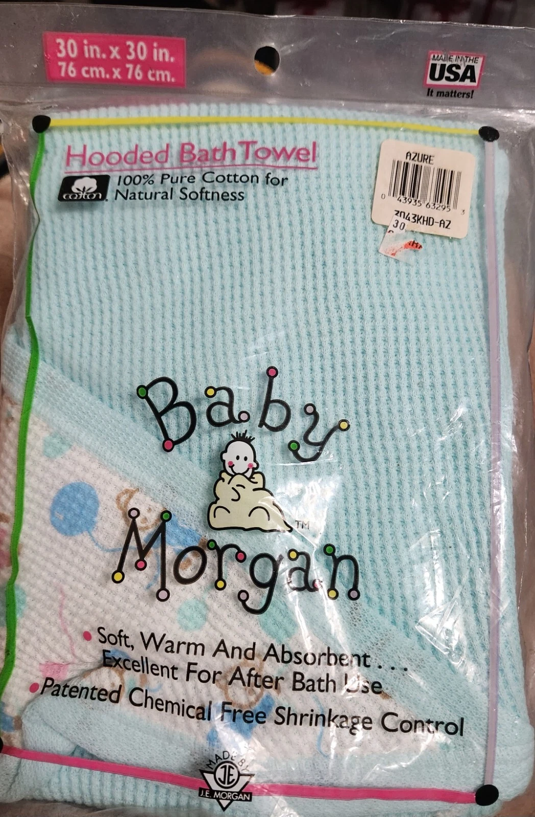 VINTAGE NEVER OPENED Baby Morgan 30x30 Thermal Waffle Knit BLUE Hooded TOWEL