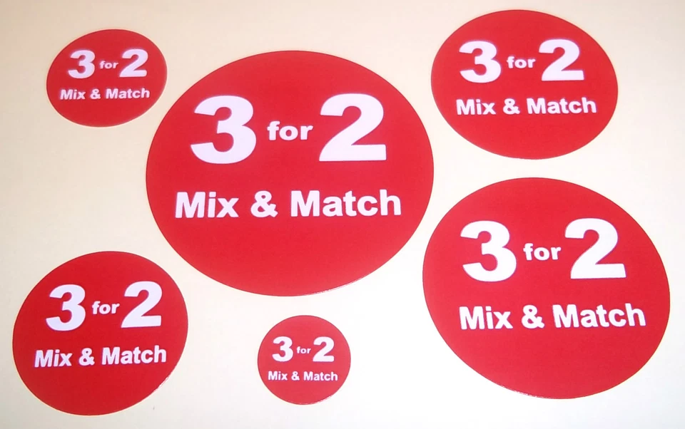 PRICESTICKERS 3 for 2 Mix & Match Bright Red Promotional Stickers / Labels / Tags - 6 Sizes