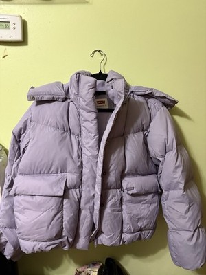 Levi's women s light Purple Hooded Puffer Jacket XS Oversize Fit Zip/Button Logo