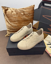 Zegna Triple Stitch Light Khaki Suede Elastic Cross Strap Low Top Slip On Sneake