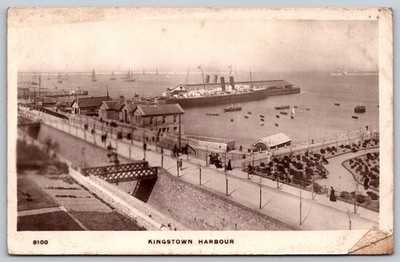 Vintage Kingstown Harbour Postcard with Early 1900s Steamship View AA168