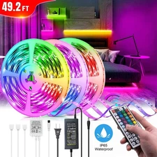 50ft LED Strip Lights 3528 RGB Color Change Remote for Rooms Bar Waterproof