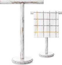 Rustic White Wooden Beaded Towel Holder Farmhouse T-Shape Height 15.7'' Hand