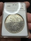 1896 $1 Morgan Silver Dollar MS64 Old ANA Holder Genie Lamp Small Cracks Dust