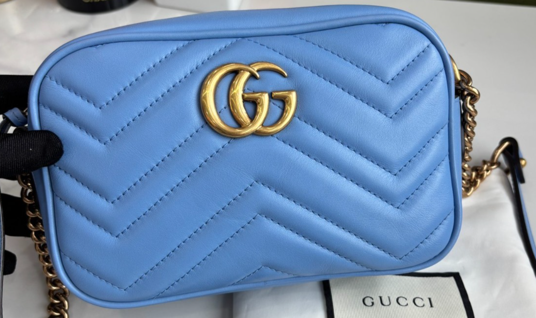 GUCCI Marmont GG Light Blue Camera Crossbody Shoulder Bag