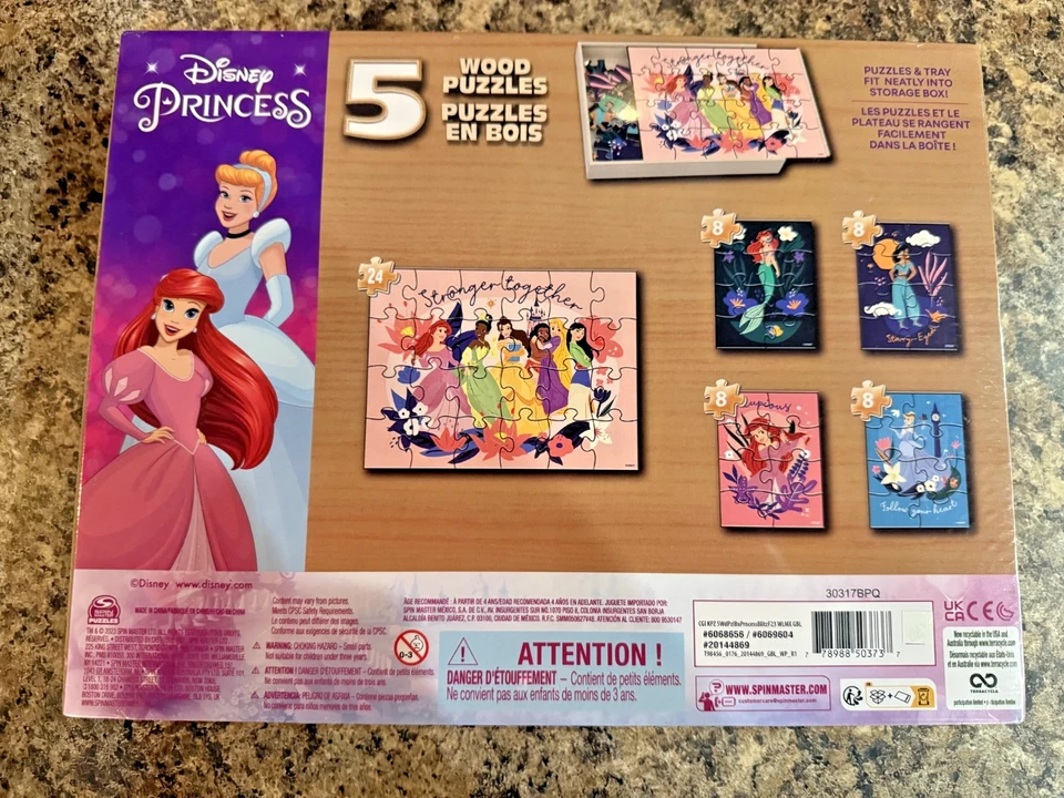 Disney Princess 5-Pack of Wood Jigsaw Puzzles w/ Wooden Storage Box NEW - Image 2 of 2