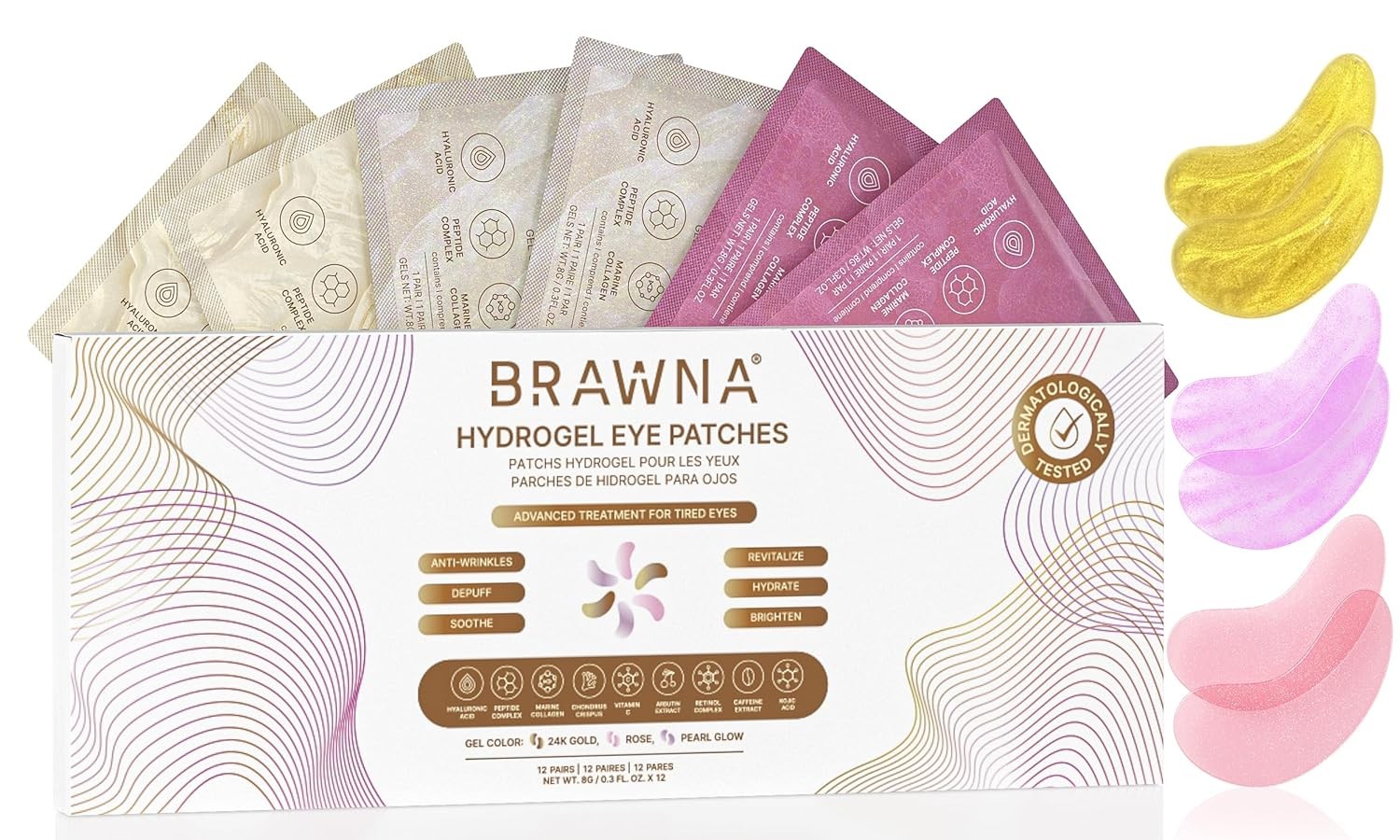 BRAWNA Under Eye Patches – Hydrogel Masks with Rose,Gold, Pearl - 12PK 
