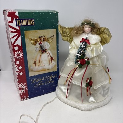 Vintage Lighted Angel Tree Topper White Satin Dress Gold Wings Porcelain Face