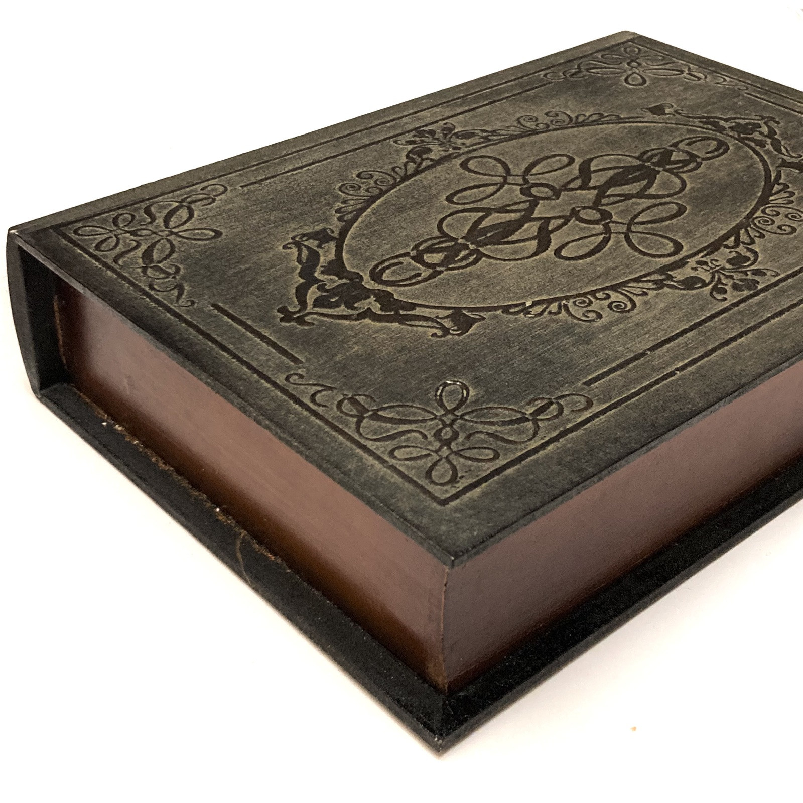 Vintage Decorative Jewelry Storage Wooden Book Box Antique Brown Scroll 8.5"x12"